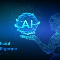 AI. Artificial intelligence. Wireframe robot. AI in robotic hand. Machine learning and cyber mind domination concept. Technology sci-fi concept. Graphic design concept of future. Vector illustration